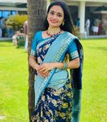 Blue rama silk blend banarasi saree with unstitched blouse piece