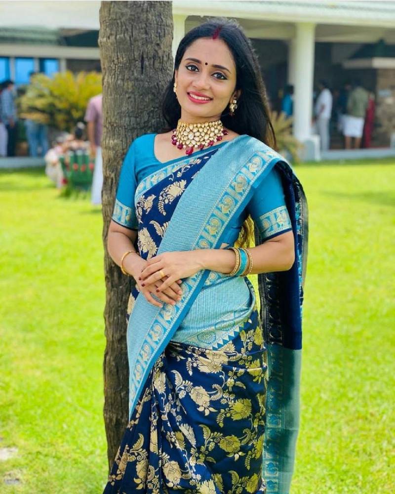 Blue rama soft silk blend banarasi jacuard work designer party wear saree with unstitched blouse piece