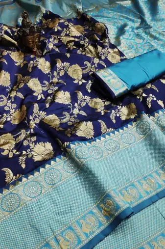 Blue rama silk blend banarasi saree with unstitched blouse piece