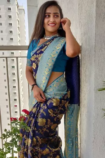 Blue rama soft silk blend banarasi jacuard work designer party wear saree with unstitched blouse piece