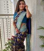 Blue rama silk blend banarasi saree with unstitched blouse piece