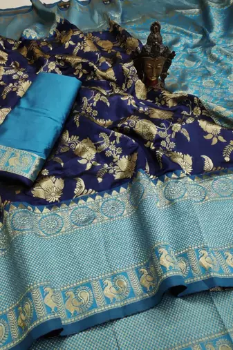 Blue rama silk blend banarasi saree with unstitched blouse piece