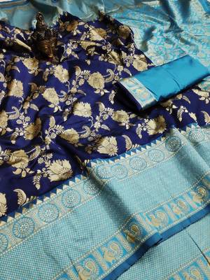 Blue rama silk blend banarasi saree with unstitched blouse piece 3