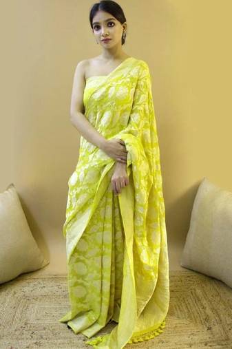 Yellow soft silk blend banarasi jacuard work designer party wear saree with unstitched blouse piece
