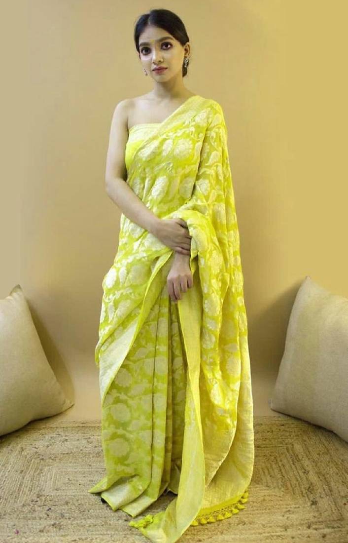 Yellow soft silk blend banarasi jacuard work designer party wear saree with unstitched blouse piece