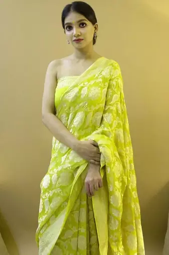 Yellow silk blend banarasi saree with unstitched blouse piece