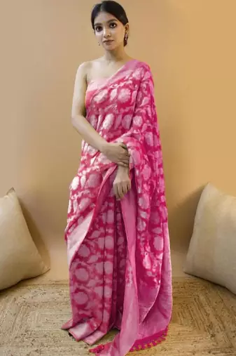 Pink soft silk blend banarasi jacuard work designer party wear saree with unstitched blouse piece