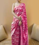 Pink silk blend banarasi saree with unstitched blouse piece