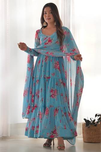 Pure soft fox georgette  fully flare printed  anarkali,with duppta set,pent ready to wear