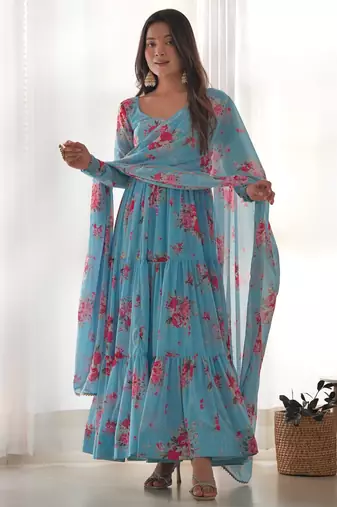 Pure soft fox georgette  fully flare printed  anarkali,with duppta set,pent ready to wear
