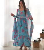 Pure soft fox georgette  fully flare printed  anarkali,with duppta set,pent ready to wear