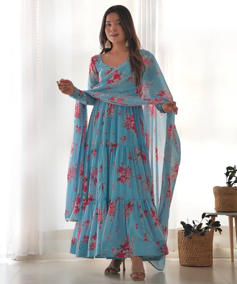 Pure soft fox georgette  fully flare printed  anarkali,with duppta set,pent ready to wear