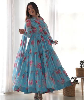 blue floral printed fox georgette anarkali set 2