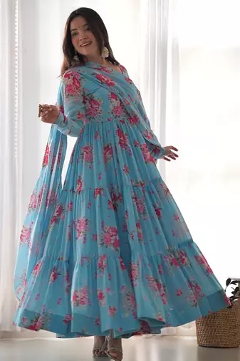 blue floral printed fox georgette anarkali set