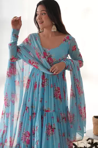 blue floral printed fox georgette anarkali set