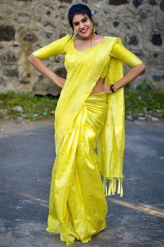 Yellow soft silk blend banarasi jacuard work designer party wear saree with unstitched blouse piece