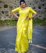 Yellow silk blend banarasi saree with unstitched blouse piece