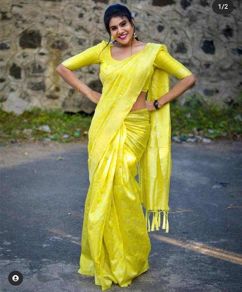 Yellow soft silk blend banarasi jacuard work designer party wear saree with unstitched blouse piece