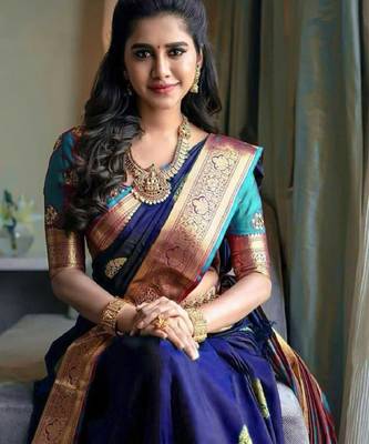 Blue rama silk blend banarasi saree with unstitched blouse piece 1