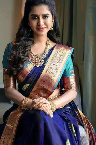 Blue rama soft silk blend banarasi jacuard work designer party wear saree with unstitched blouse piece