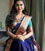 Blue rama silk blend banarasi saree with unstitched blouse piece