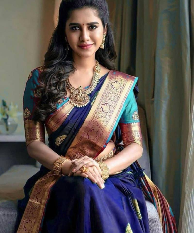 Blue rama soft silk blend banarasi jacuard work designer party wear saree with unstitched blouse piece