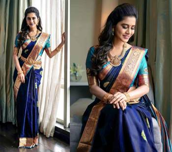 Blue rama silk blend banarasi saree with unstitched blouse piece 2