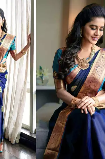 Blue rama silk blend banarasi saree with unstitched blouse piece