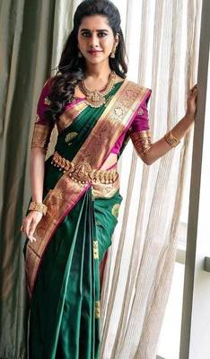 Green pink silk blend banarasi saree with unstitched blouse piece 1
