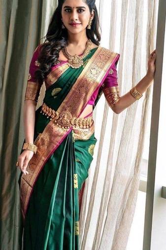 Green pink soft silk blend banarasi jacuard work designer party wear saree with unstitched blouse piece