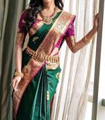 Green pink silk blend banarasi saree with unstitched blouse piece
