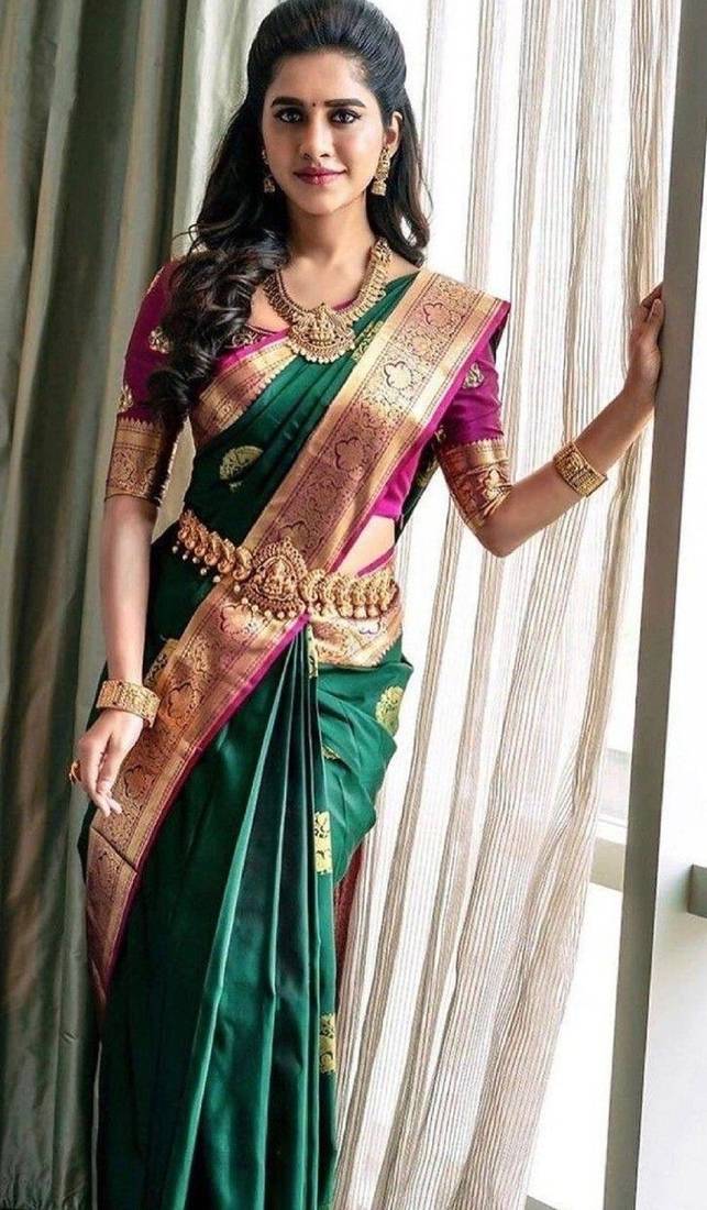 Green pink soft silk blend banarasi jacuard work designer party wear saree with unstitched blouse piece