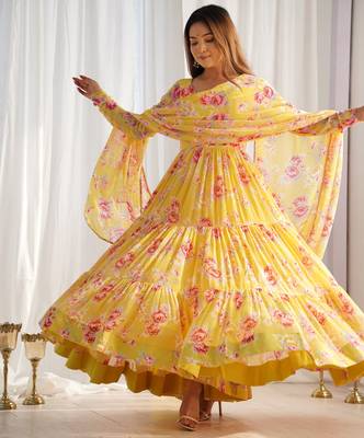 yellow floral printed fox georgette anarkali set 1