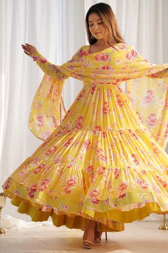 Pure soft fox georgette  fully flare printed  anarkali,with duppta set,pent ready to wear