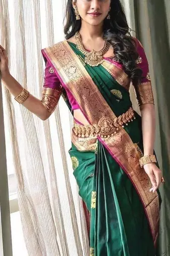 Green pink silk blend banarasi saree with unstitched blouse piece