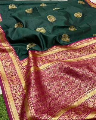 Green pink silk blend banarasi saree with unstitched blouse piece 4