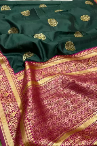 Green pink silk blend banarasi saree with unstitched blouse piece