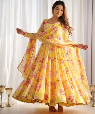 yellow floral printed fox georgette anarkali set 2