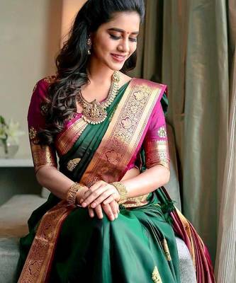 Green pink silk blend banarasi saree with unstitched blouse piece 5
