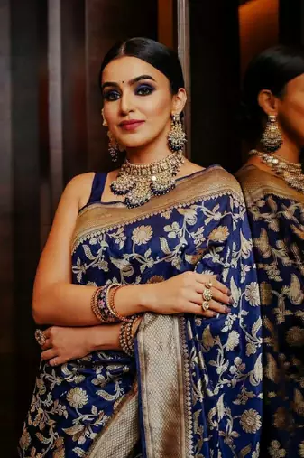 Blue soft silk blend banarasi jacuard work designer party wear saree with unstitched blouse piece