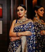 Blue silk blend banarasi saree with unstitched blouse piece