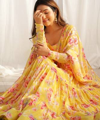 yellow floral printed fox georgette anarkali set 3