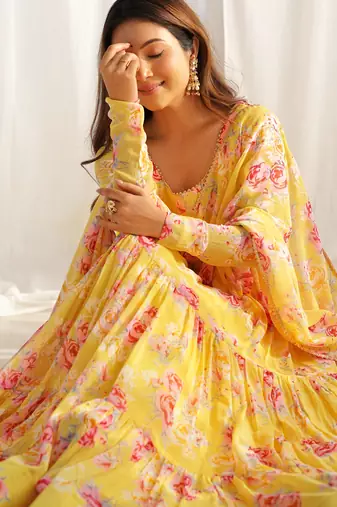 yellow floral printed fox georgette anarkali set