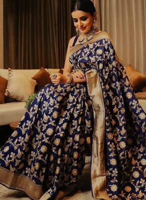 Blue silk blend banarasi saree with unstitched blouse piece 4