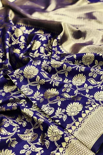 Blue silk blend banarasi saree with unstitched blouse piece