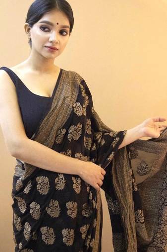 Black soft silk blend banarasi jacuard work designer party wear saree with unstitched blouse piece