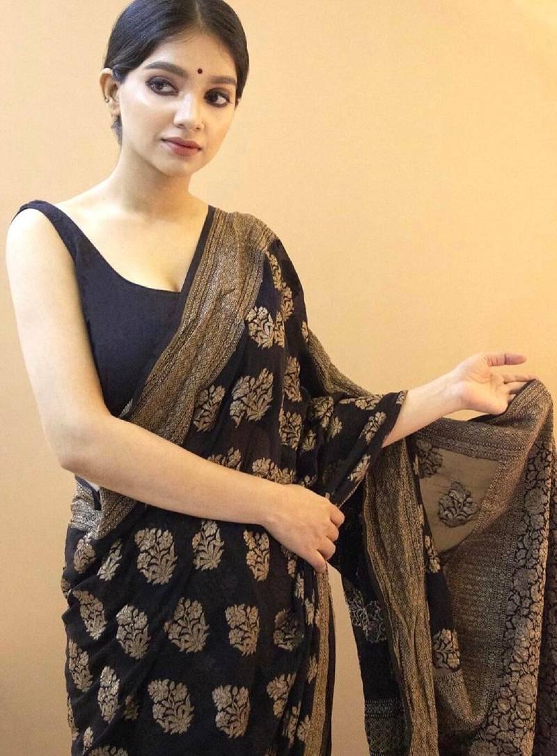 Black soft silk blend banarasi jacuard work designer party wear saree with unstitched blouse piece