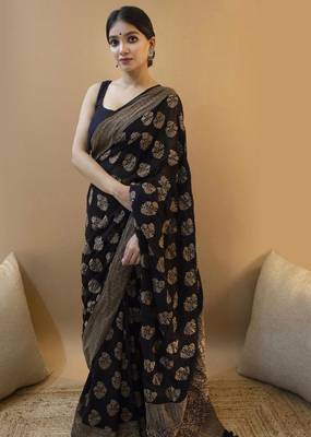 Black silk blend banarasi saree with unstitched blouse piece 2