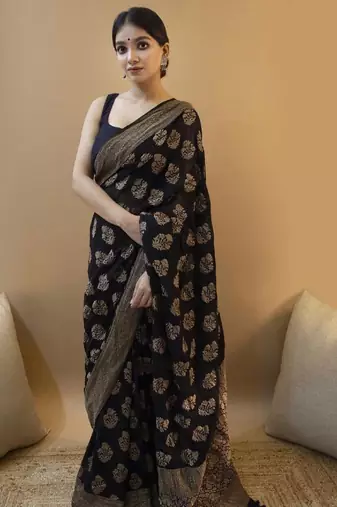 Black silk blend banarasi saree with unstitched blouse piece