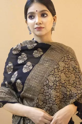 Black silk blend banarasi saree with unstitched blouse piece